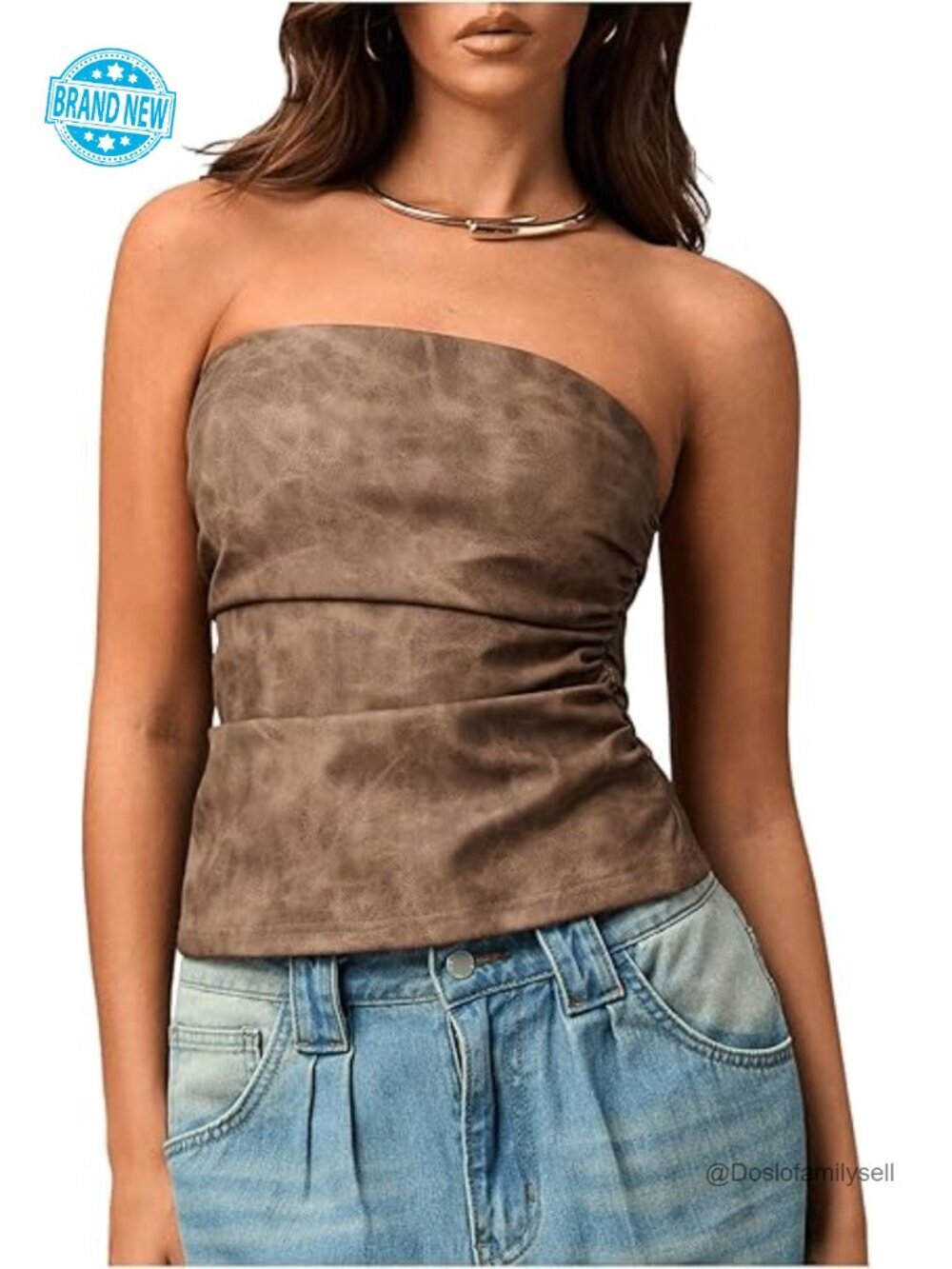 PU Leather Strapless Ruched Bandeau Sleeveless Party Tube Top